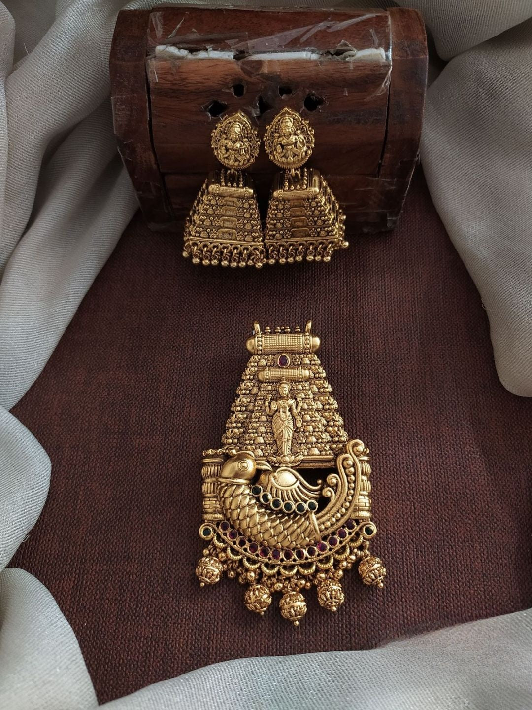 Ishhaara Antique Gold Temple Pendant Necklace Set - handcrafted Indian jewellery