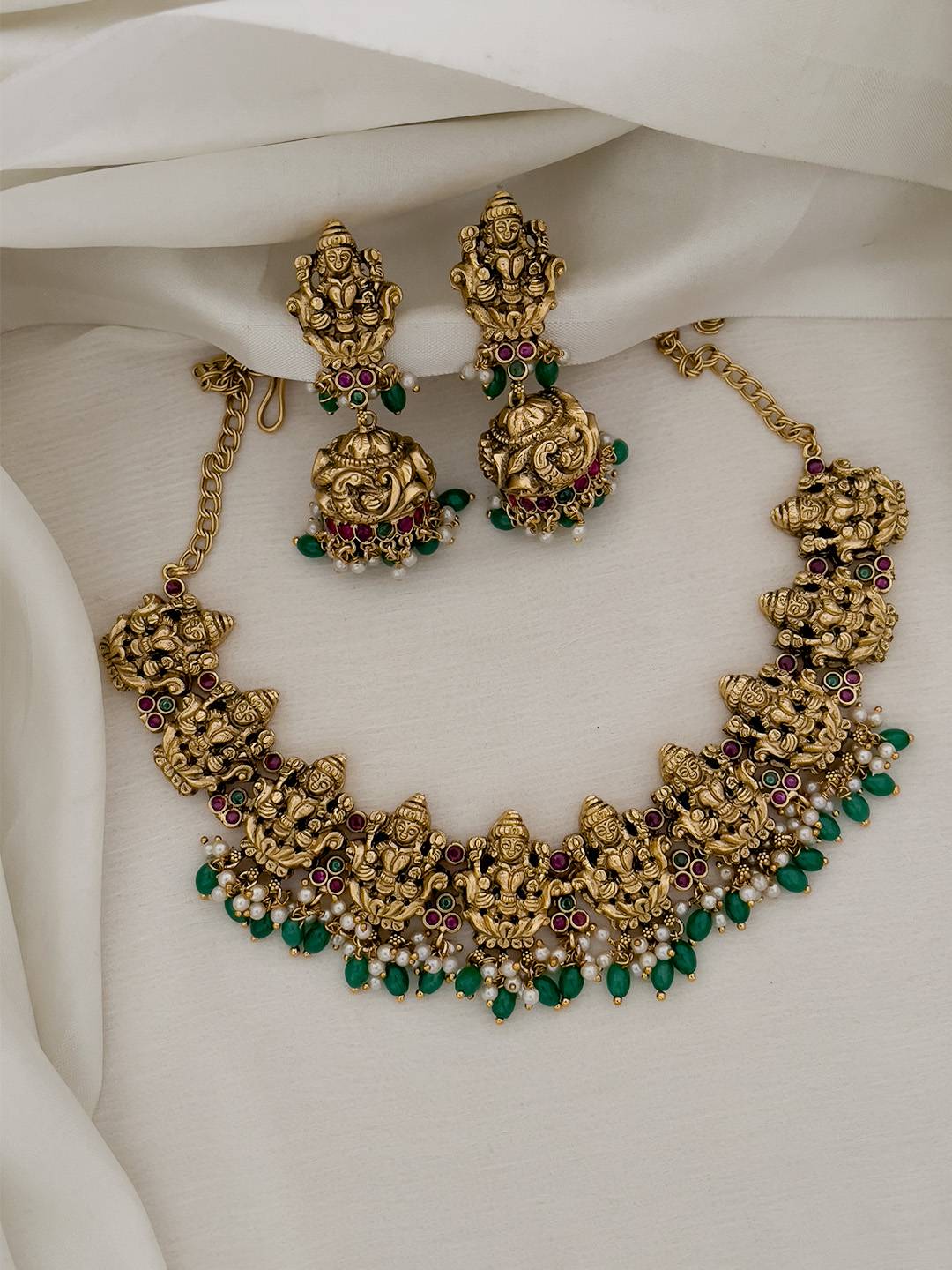 Ishhaara Antique Green Beads Studded Bridal Necklace