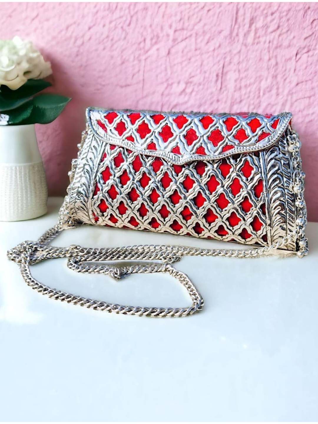 Ishhaara Antique Handmade Silver Handle Metal Clutch Red Velvet Clutch