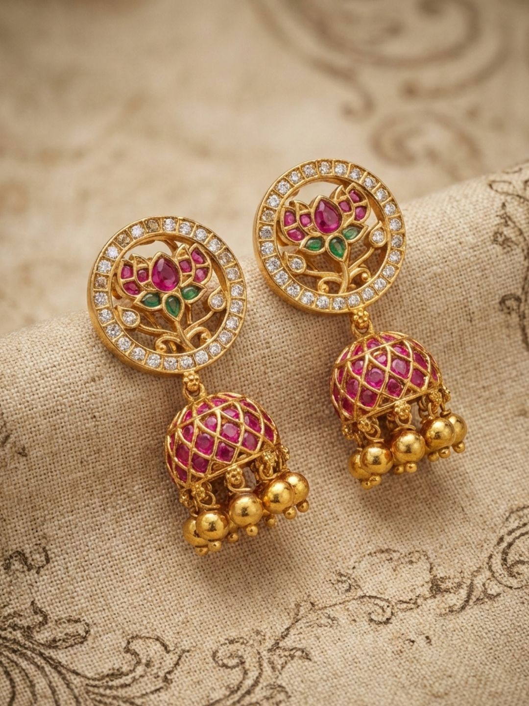 Ishhaara Antique Kemp Lotus Jhumkas