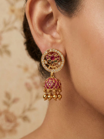 Ishhaara Antique Kemp Lotus Jhumkas