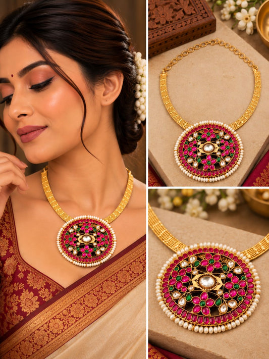 Ishhaara Antique Kemp Studded Pendant Attigai
