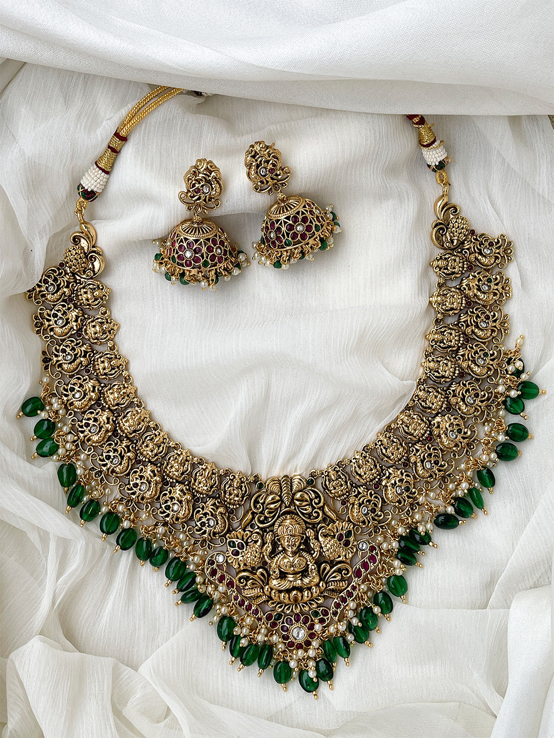 Ishhaara Antique Lakshmi And Green Beads Studded Bridal Choker