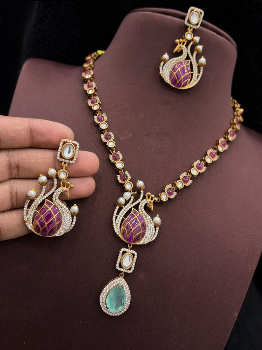 Ishhaara Antique Pink Stone Studded Necklace Set