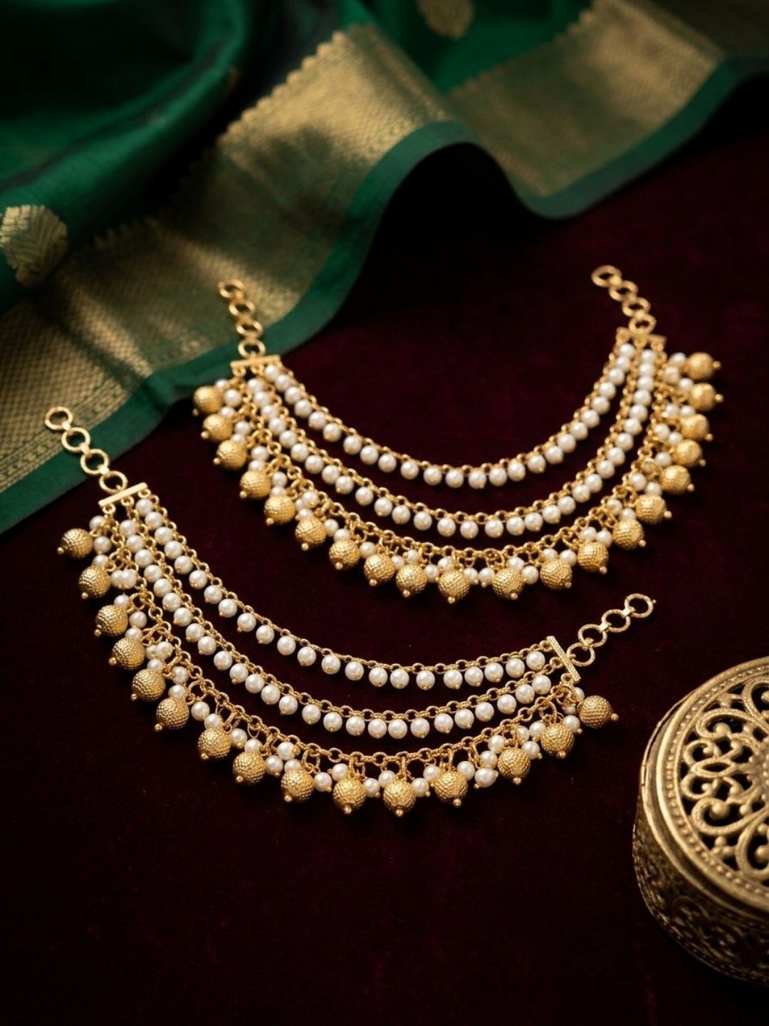 Ishhaara Antique Three Layer Pearl Drop Ear Chains