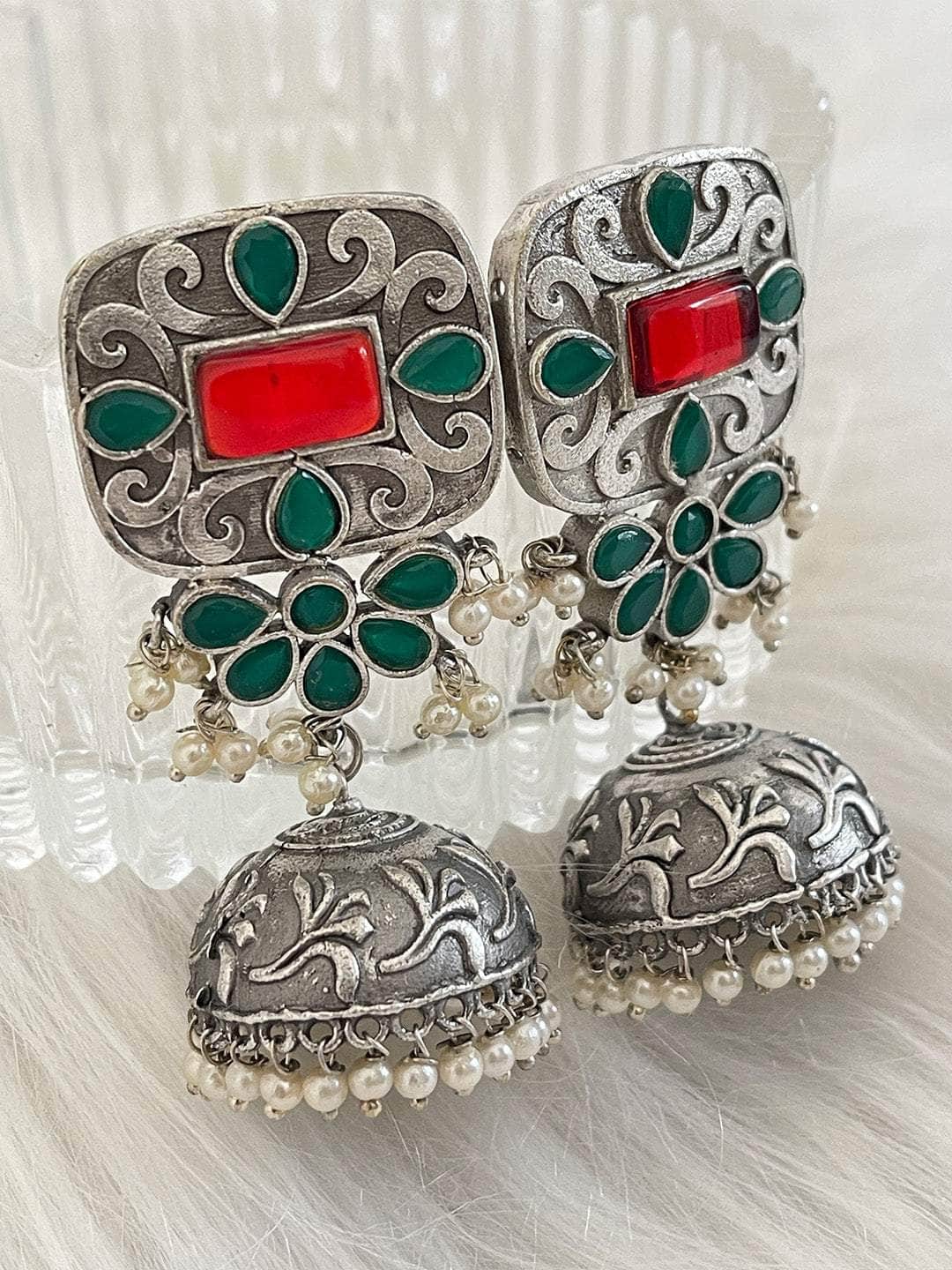 Ishhaara Red Antique Traditional Jhumka Earrings