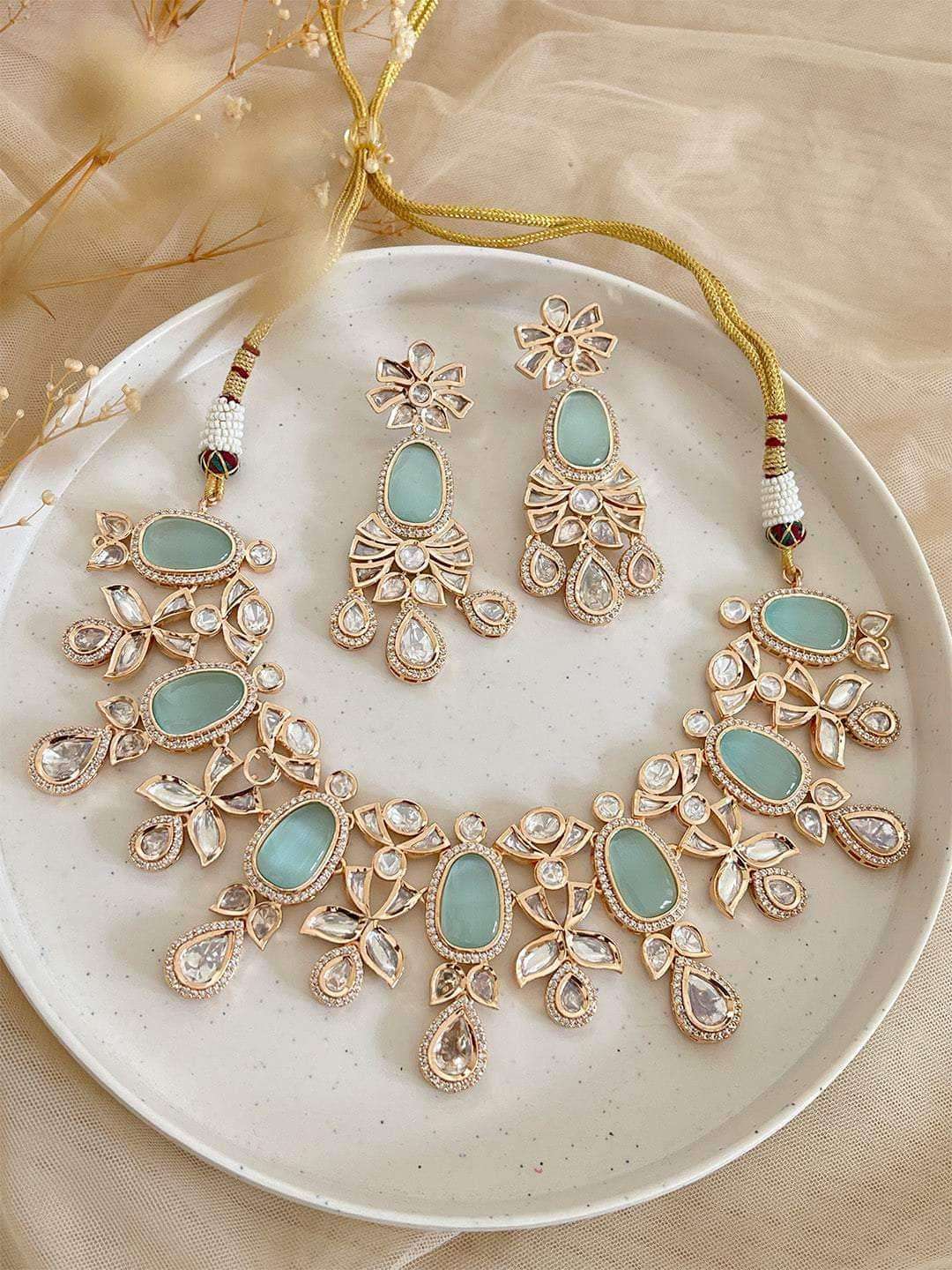 Ishhaara Aqua Green Cubic Zirconia Diamond Necklace Set