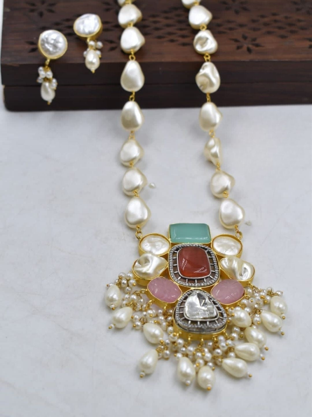 Baroque Pearl & Multi-Gem Pendant Necklace with Earrings