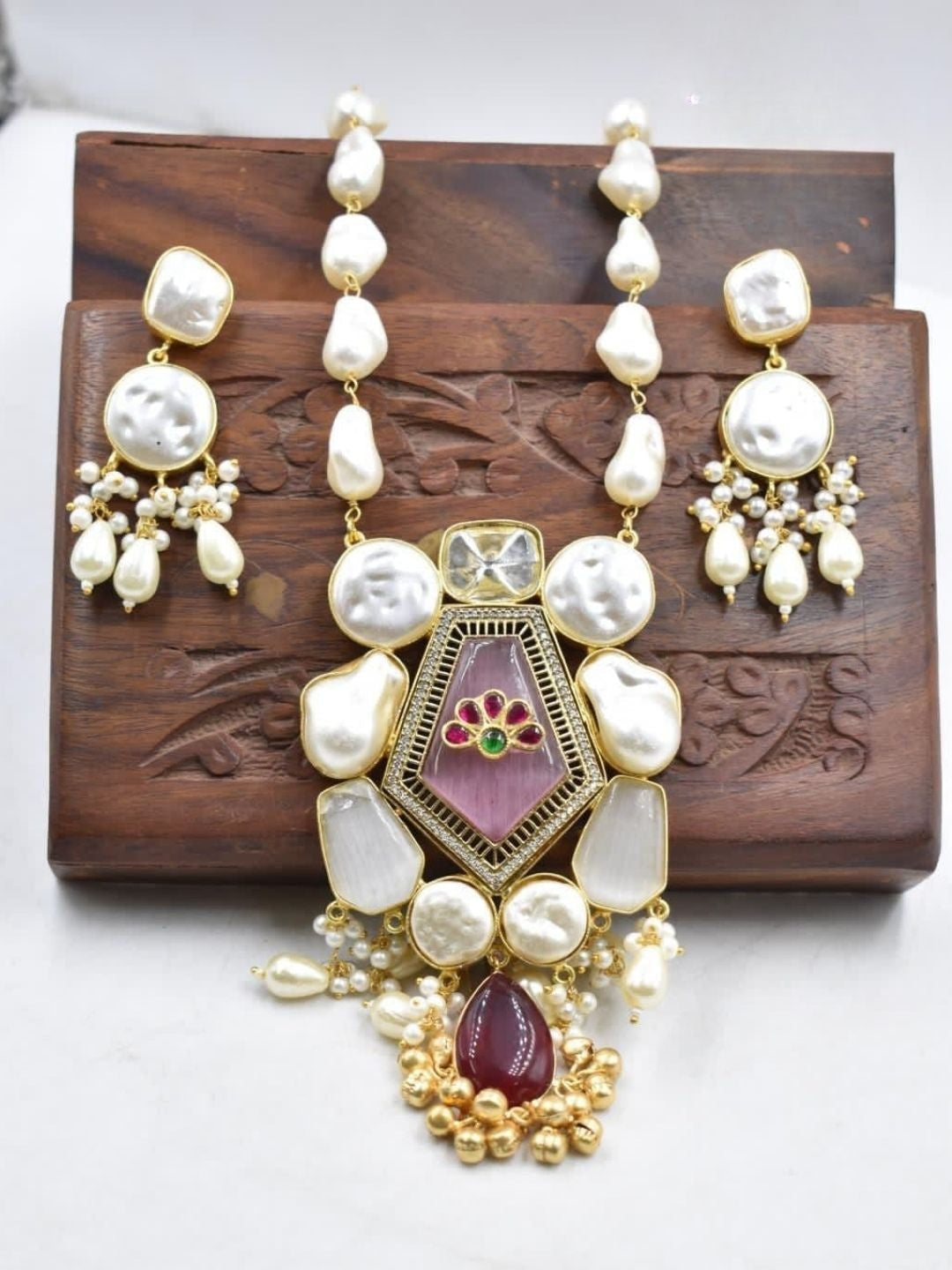 Baroque Pearl Statement Pendant Necklace with Ruby Drop & Earrings