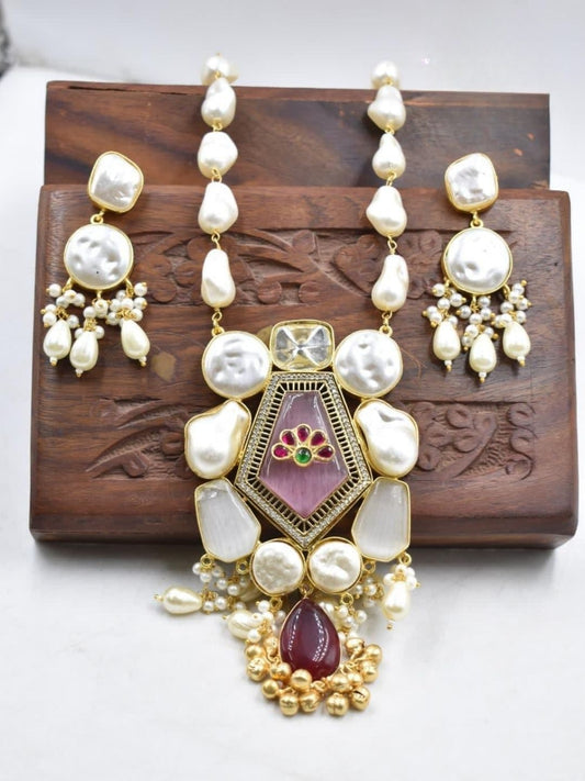 Baroque Pearl Statement Pendant Necklace with Ruby Drop & Earrings
