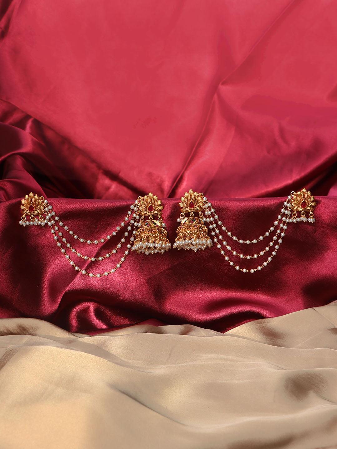 Ishhaara Beautiful Kempu Lotus Jhumka With Ear Chain