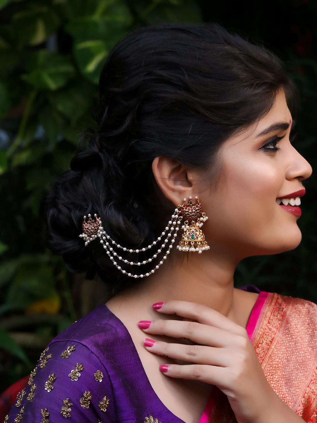 Ishhaara Beautiful Kempu Moon Jhumka With Ear Chain