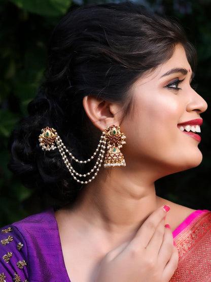Ishhaara Beautiful Kempu Peacock Jhumka With Ear Chain