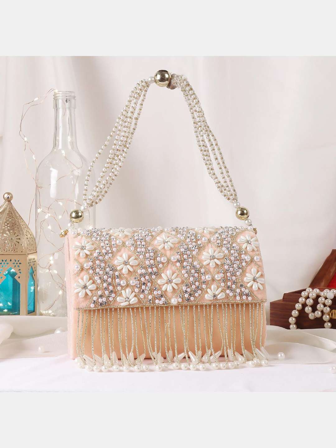 Ishhaara Beige Designer Embroidered Tassel Flap Clutch