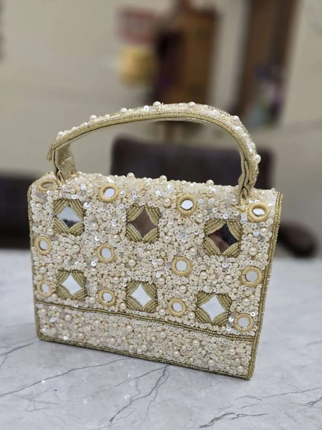 Ishhaara Beige Designer Mirror Flap Clutch Bag In High Quality Work