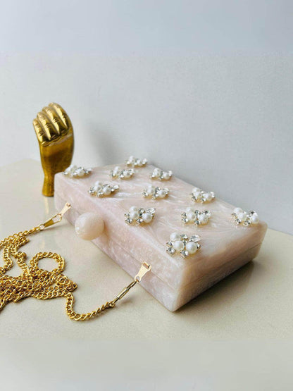 Ishhaara Beige Embellished Clutch With Sling