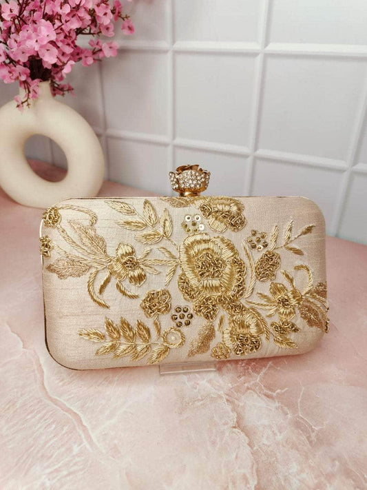 Ishhaara Beige Embroided Box Clutch
