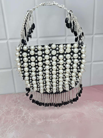 Ishhaara Black  Pearl Bag With Hangings