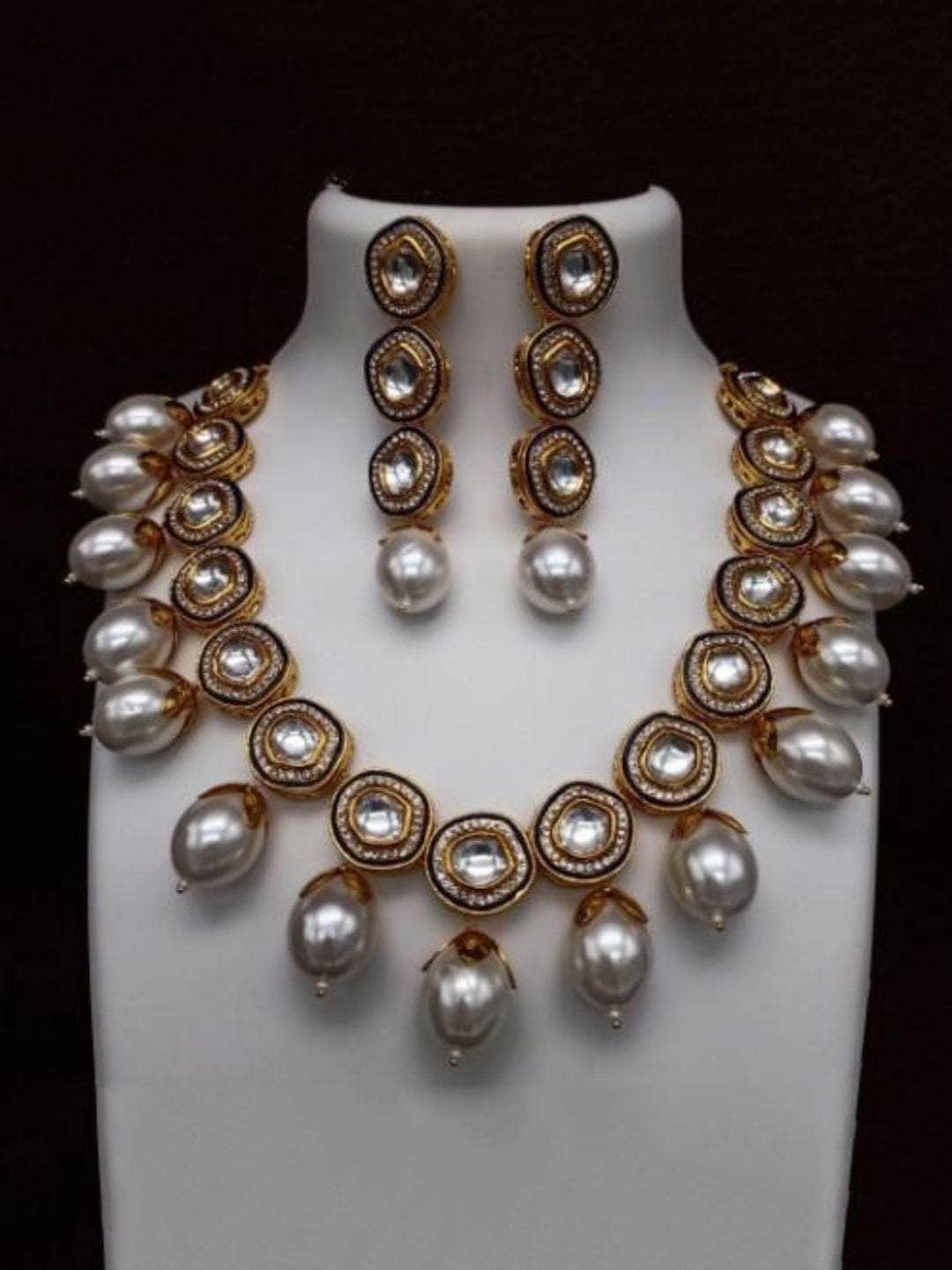Ishhaara Black AD Meena Kundan Pearls Necklace And Earring Set