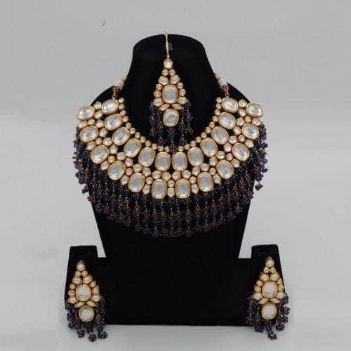 Ishhaara Black Big Kundan Semi Circular Necklace Earring And Teeka Set