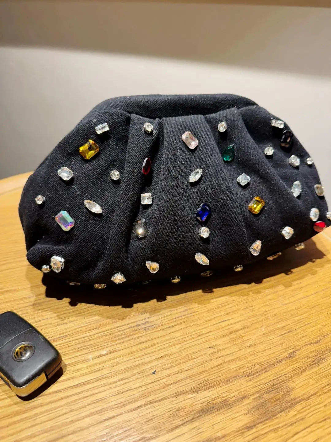 Ishhaara Black Crystal Rhinestone Multicolor Stone Emblished Denim Bag