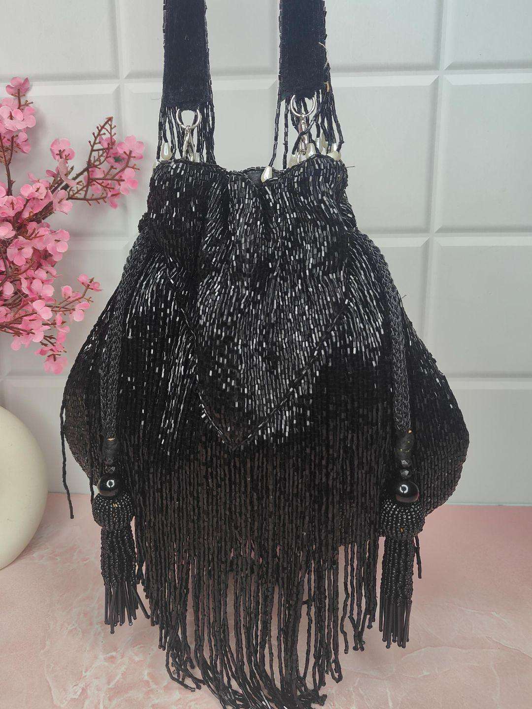 Ishhaara Black Designer "V" Shape Fringes Potli Bag