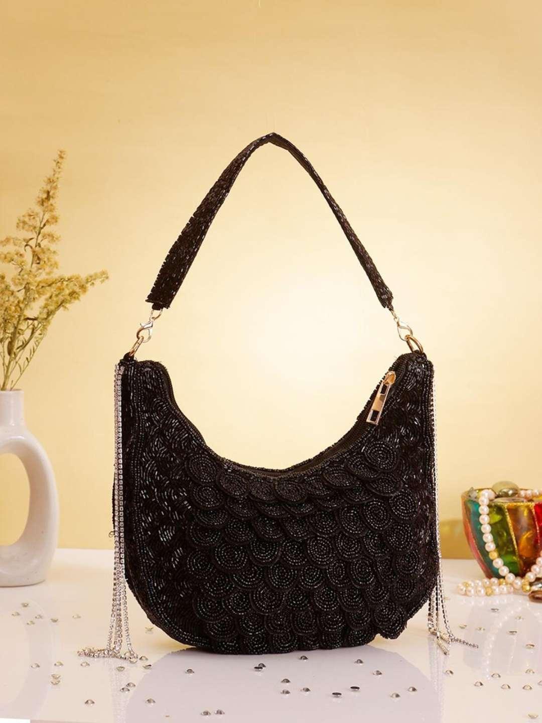 Ishhaara Black Designer Aarohi Embroidered Bag With Handle