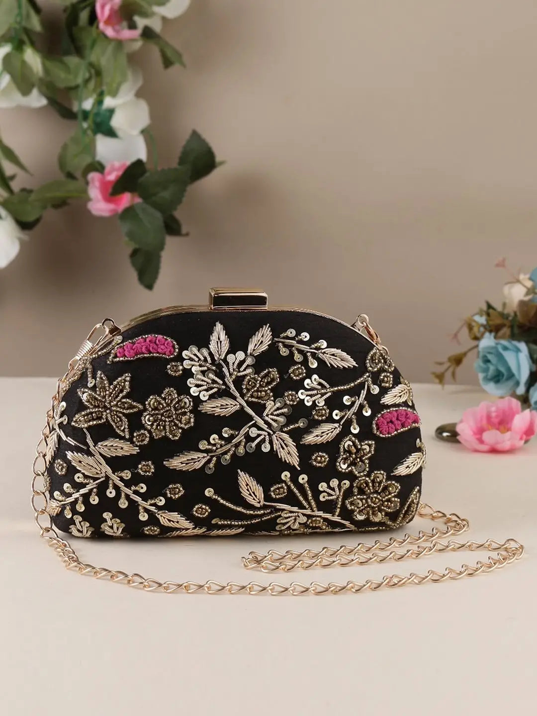 Ishhaara Designer D Shape Frame Embroidered Clutch
