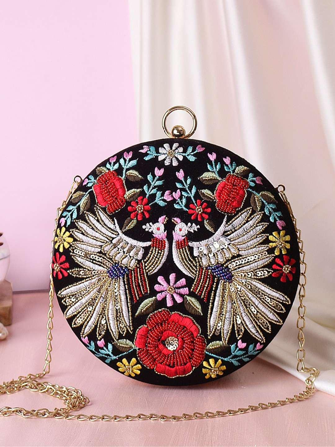 Ishhaara Black Designer Embroidered Round Clutch