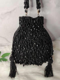 Ishhaara Black Designer Heavy Potli With Crystal Hangings