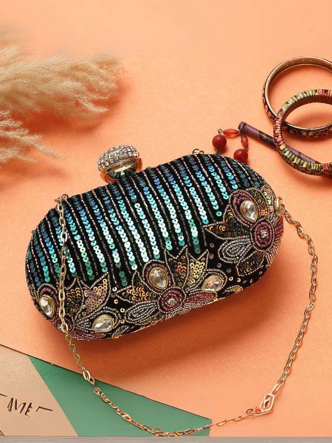 Ishhaara Black Designer Oval Clutch In Sequence And Embroidery Work