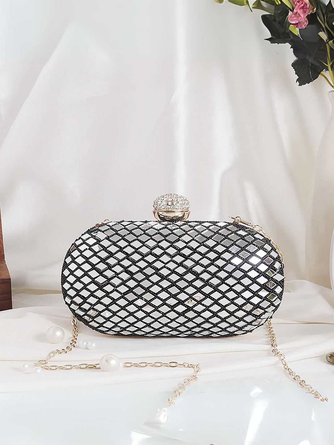 Ishhaara Black Designer Oval Clutch With Mirror Work