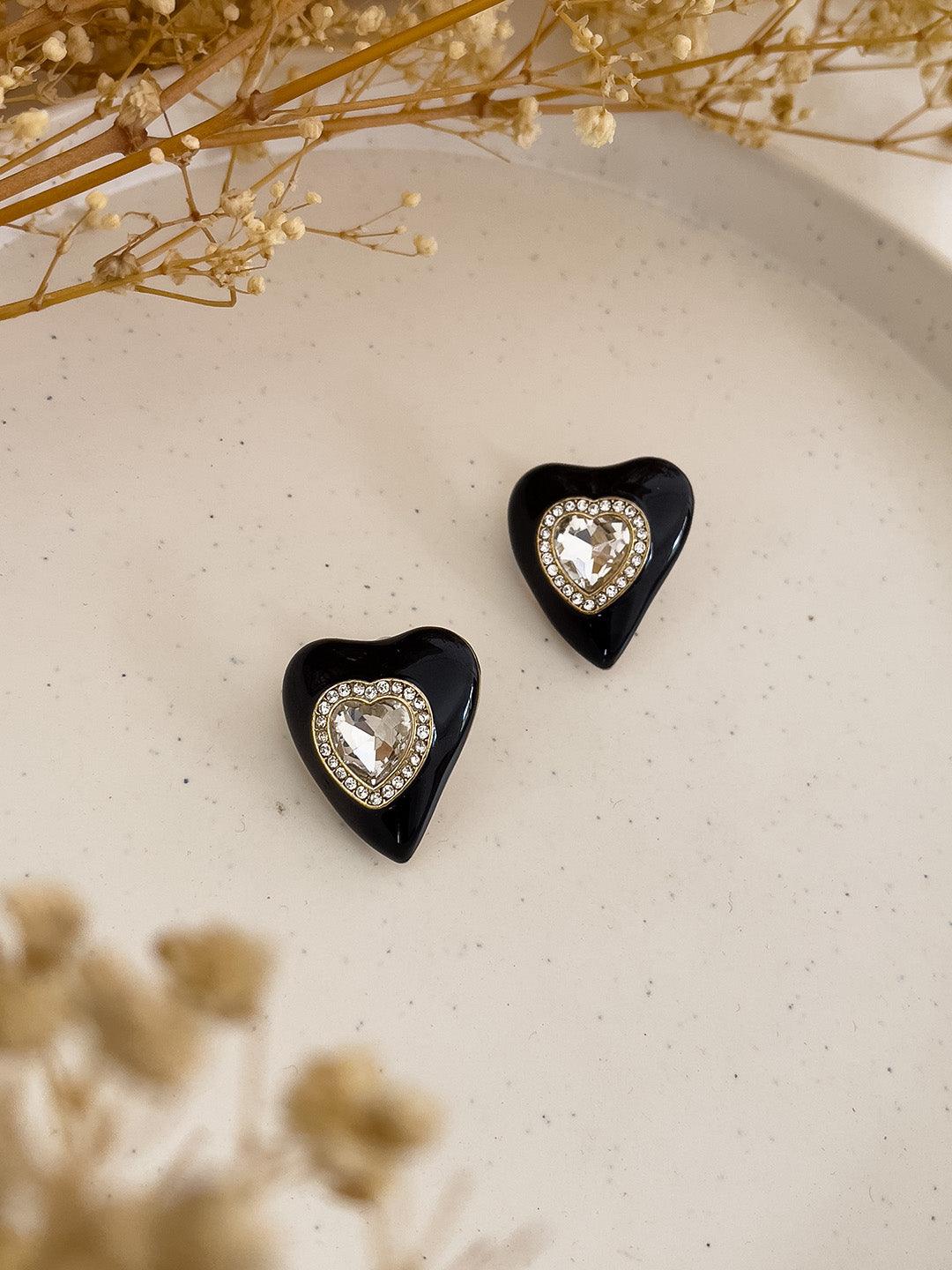 Ishhaara Black Diamond Studded Heart Earrings