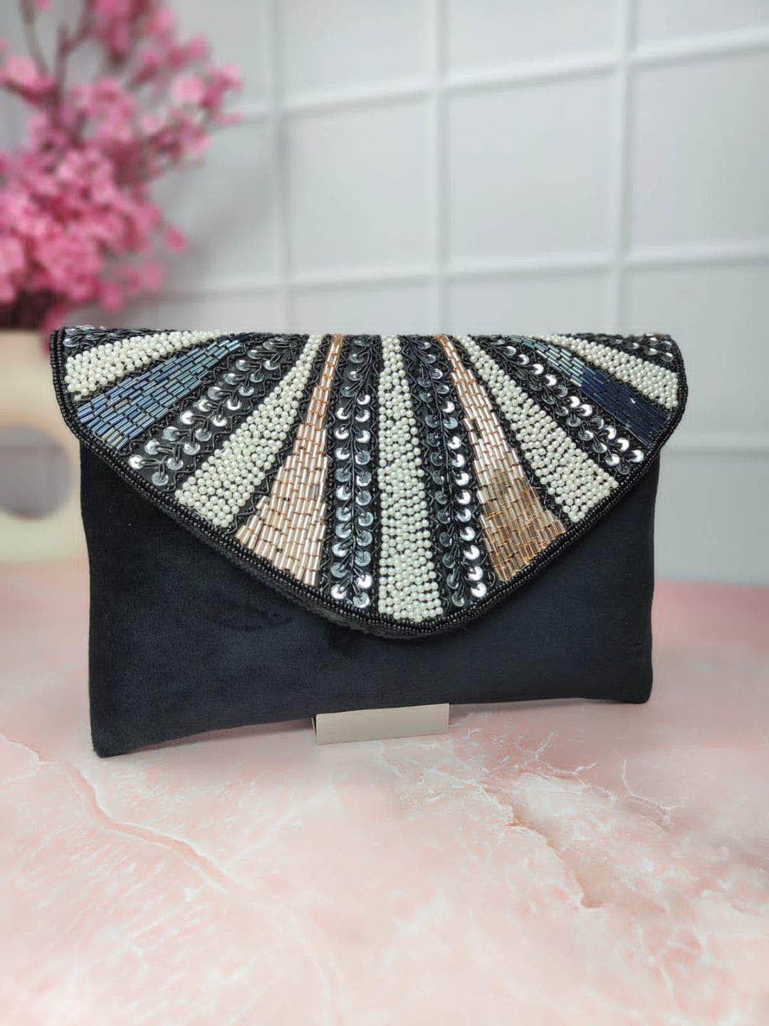Ishhaara Black Embellished Clutch with Button Closure