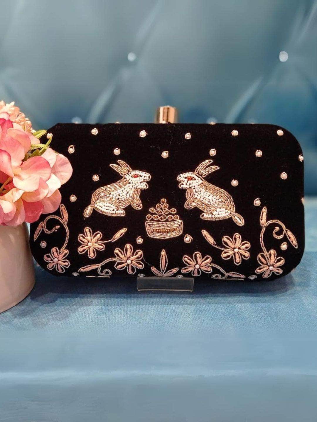 Ishhaara Black Embroidered With Sling Chain Clutch