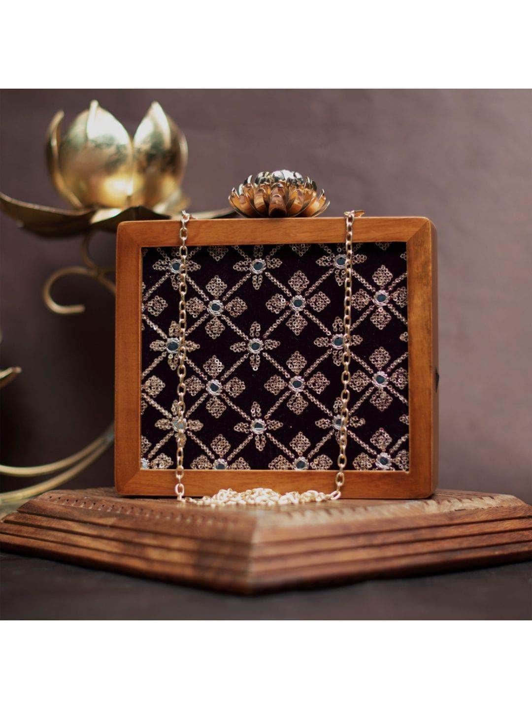 Ishhaara Black Embroidery Wooden Clutches