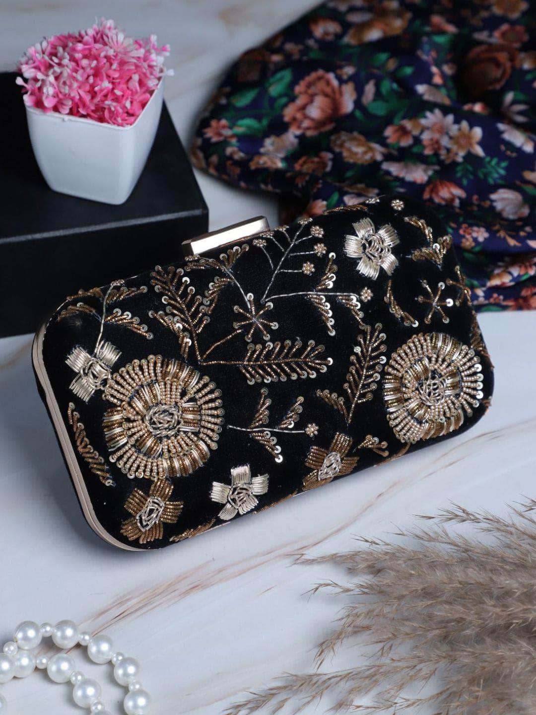 Ishhaara Black Floral Heavy Embroidered Clutch