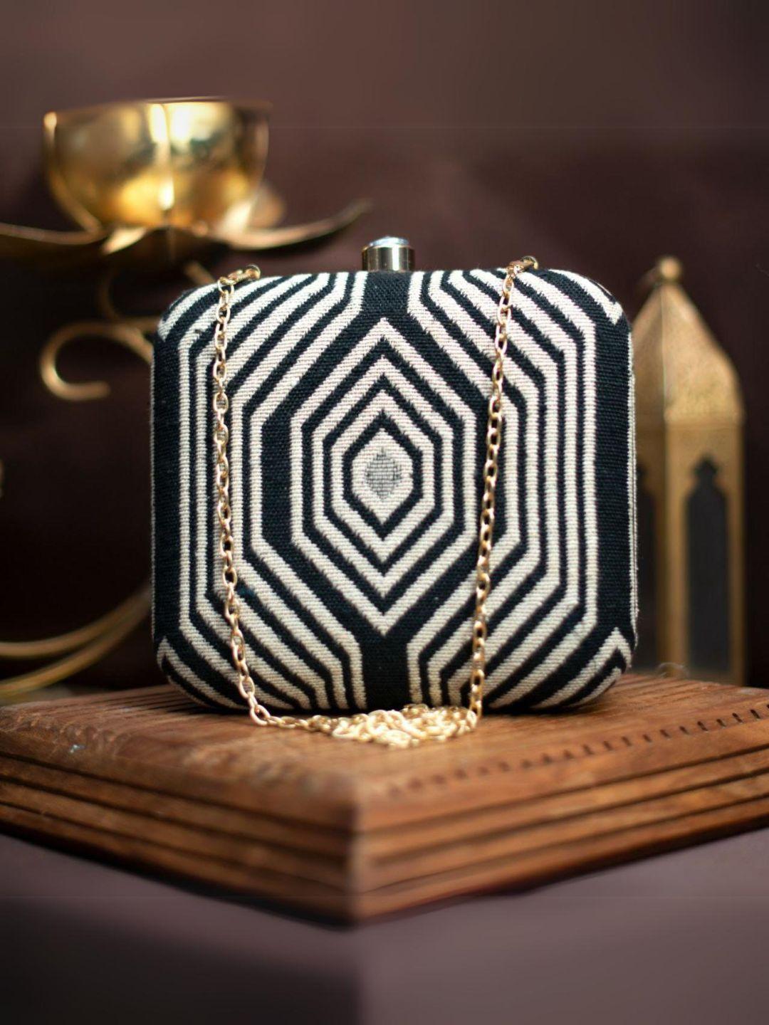 Ishhaara Black Handloom Jacquard Fabric Clutch Bag