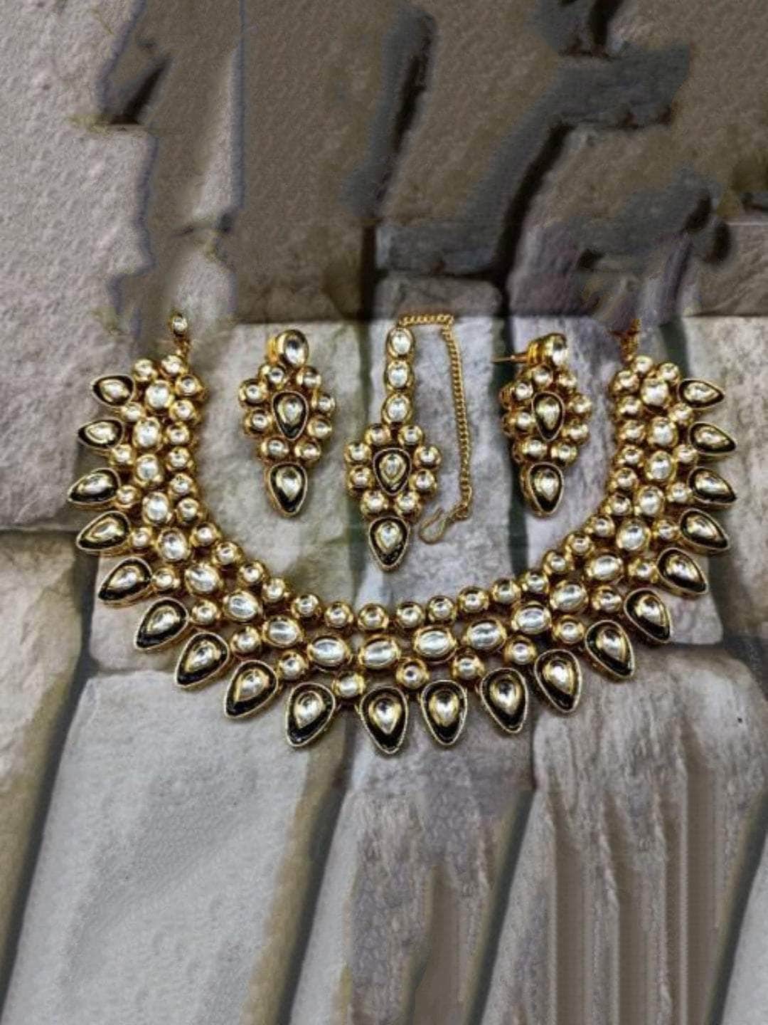 Ishhaara Black Inverted Drop Meena Outline Necklace And Earring Set