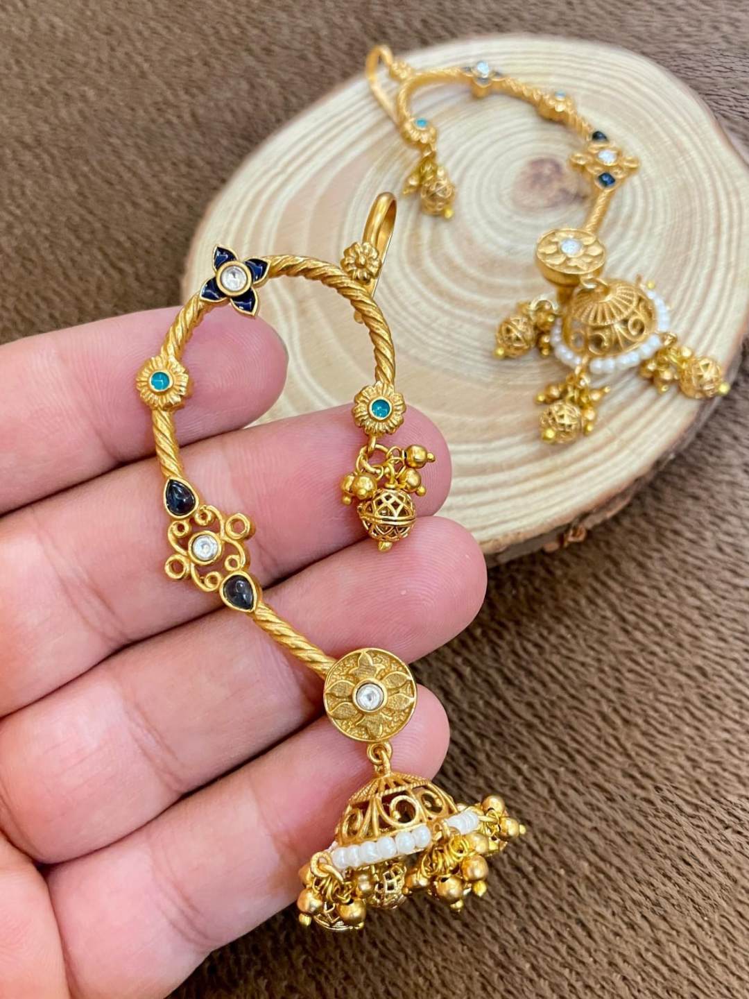 Ishhaara Black Jadau Kundan Studded Jhumka Earcuff Earrings