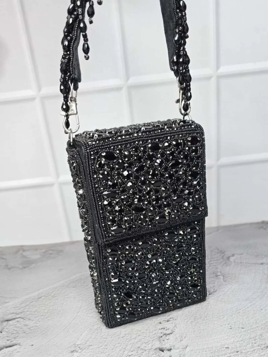 Ishhaara Black Mobile Crystal Pouch Bags