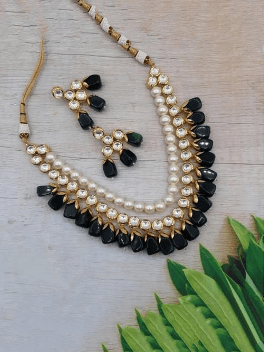 Ishhaara Black Moti Kundan Beads Necklace Set