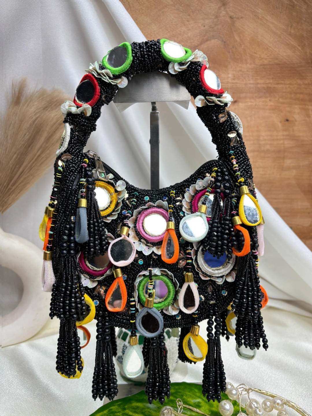 Ishhaara Black Pearl Blossom Delight Clutch Moon Bag