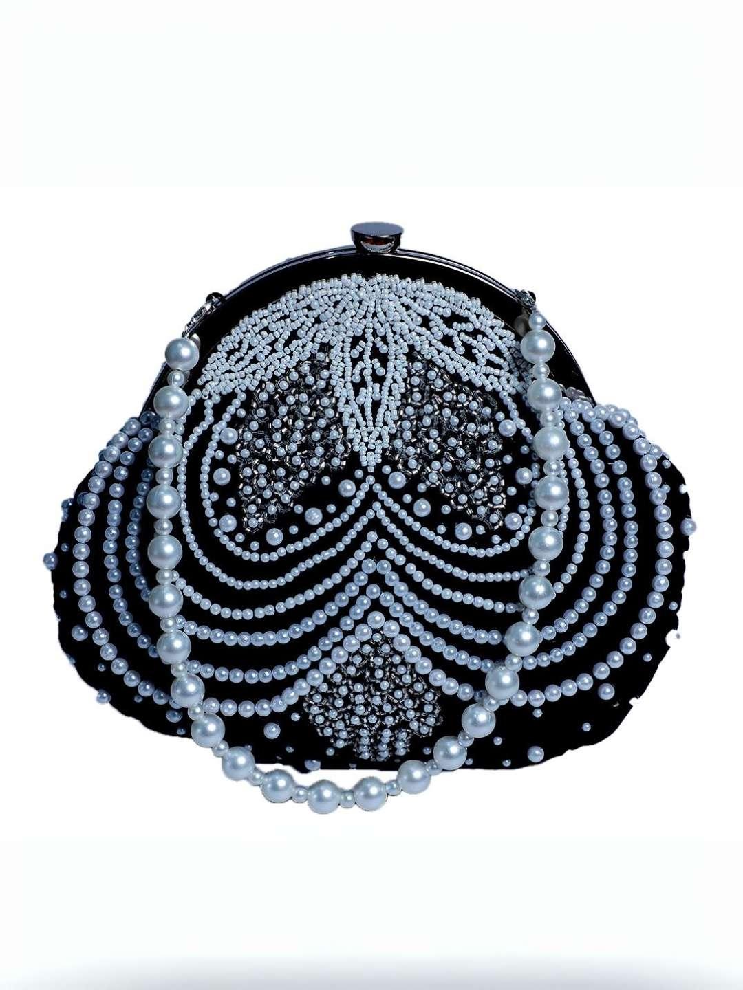 Ishhaara Black Pearl Embedded Designer Half Frame Clutch