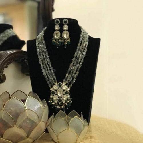 Ishhaara Black Victorian Pendant Long Necklace And Earring Set
