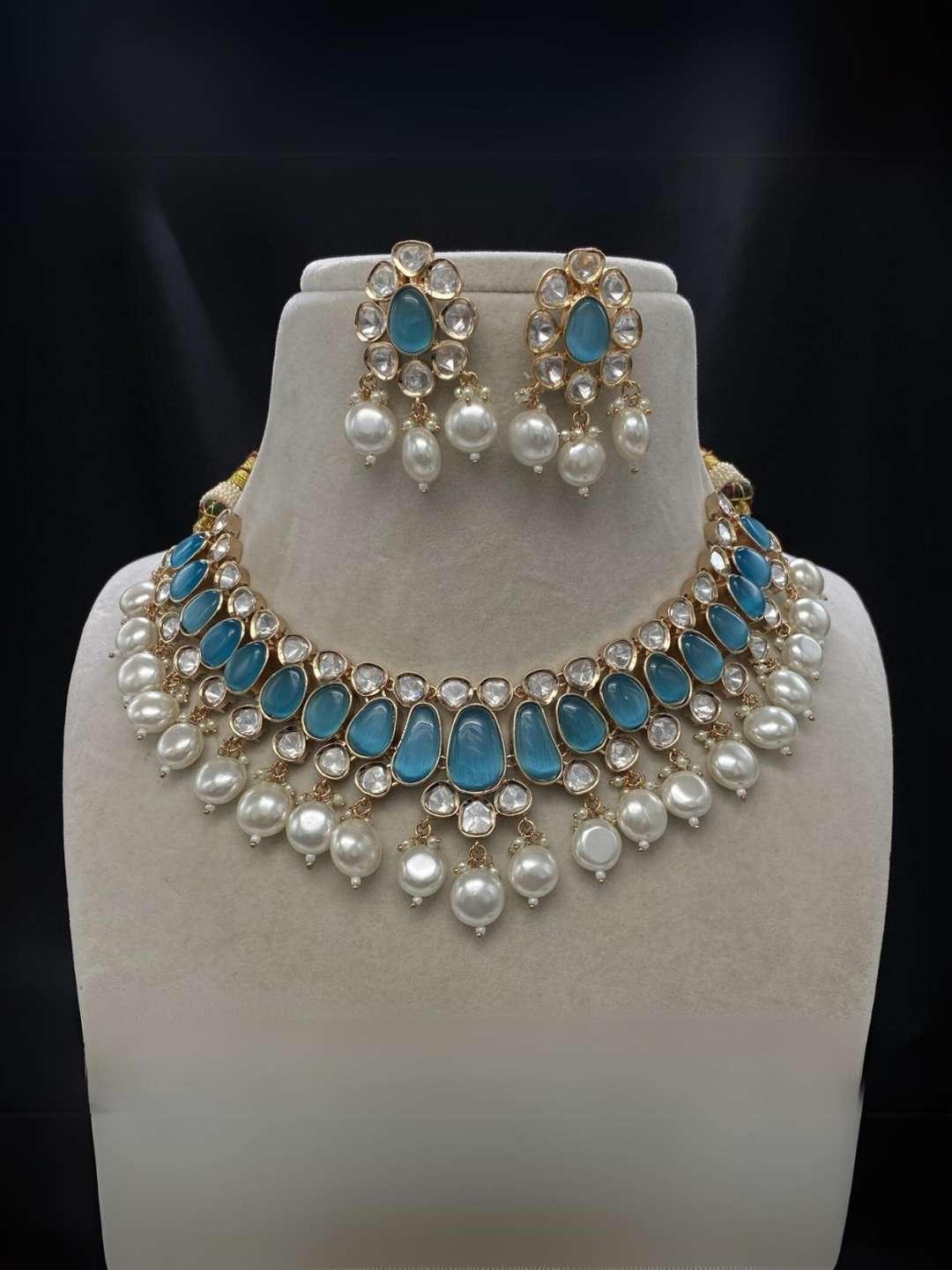 Ishhaara Blue  Kundan And Beads Studded Choker Necklace Set