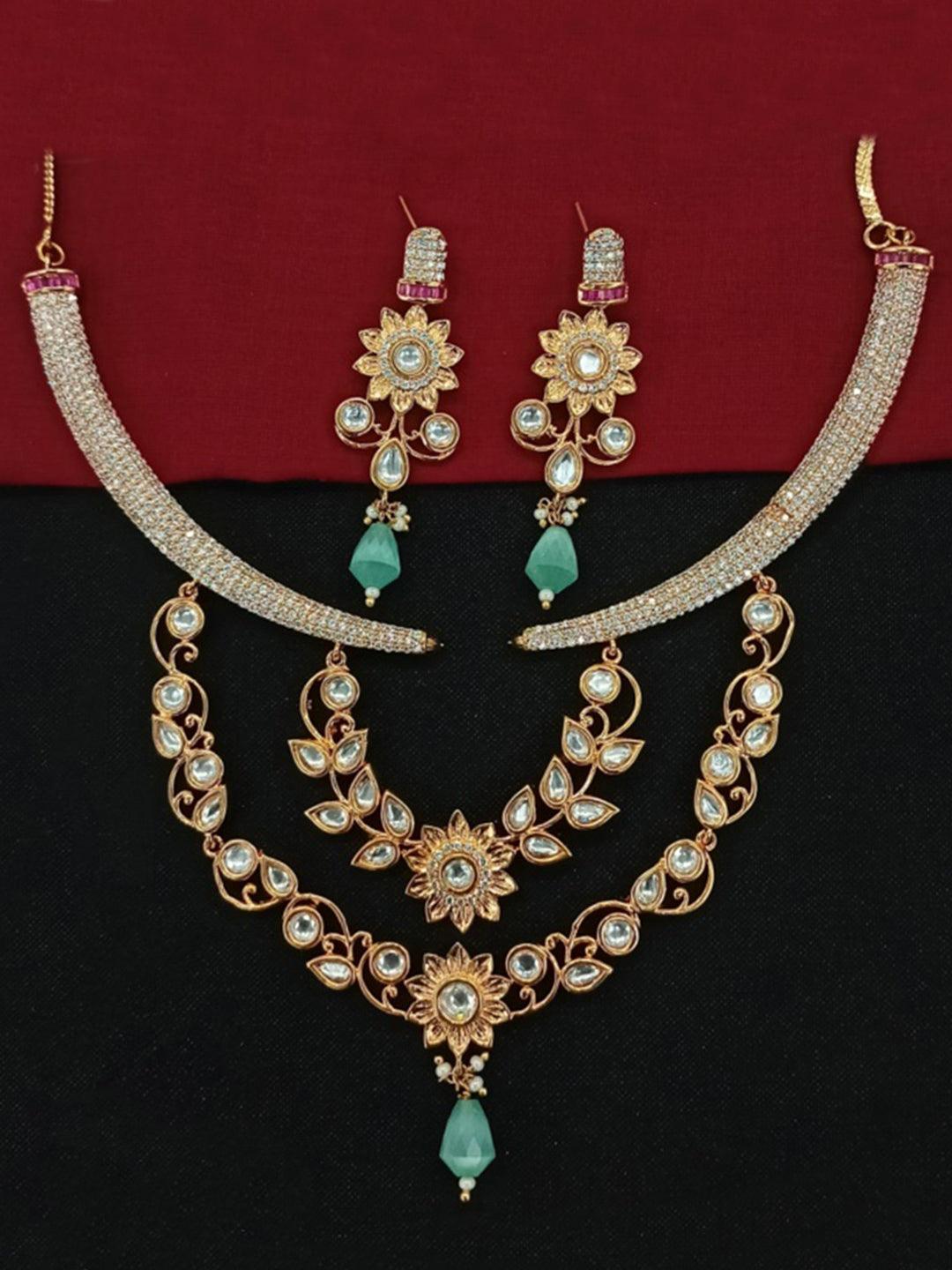 Ishhaara Blue Ad Stone Kundan Leaf Necklace Set