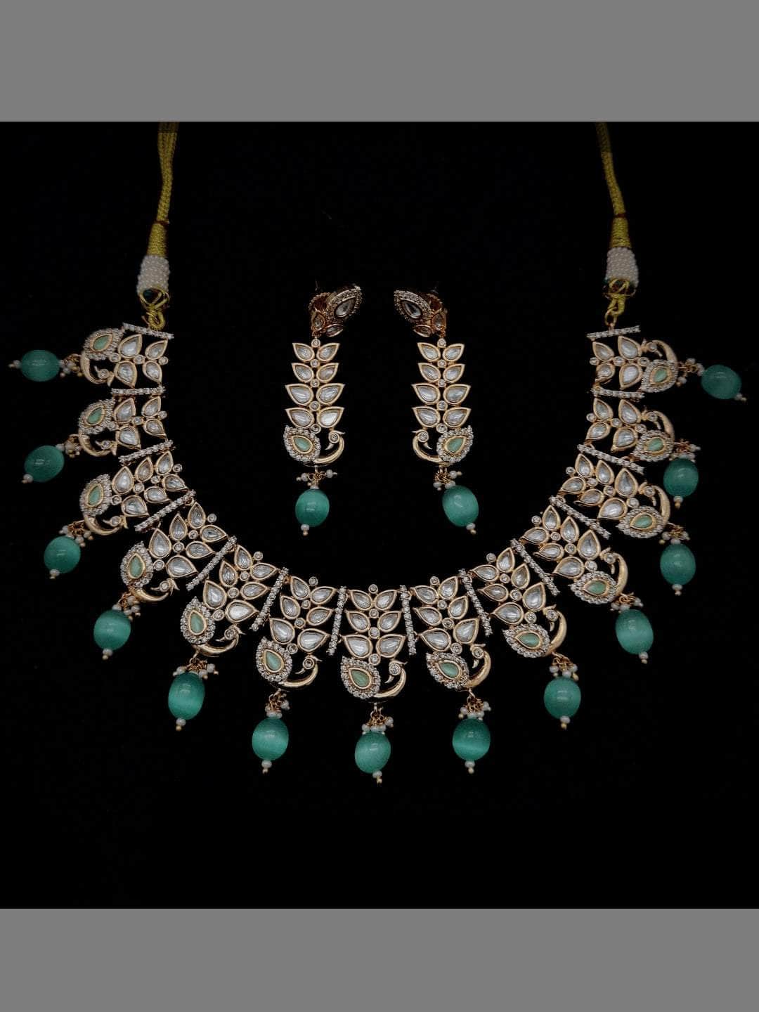 Ishhaara Blue American Diamond Kundan Peacock Leaf Necklace Set