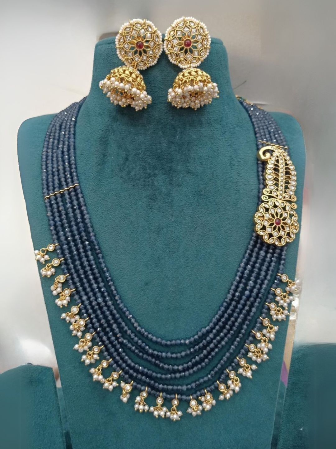 Ishhaara Blue Antique Premium Finish Brass Metal Kundan Stone With Agate Beads