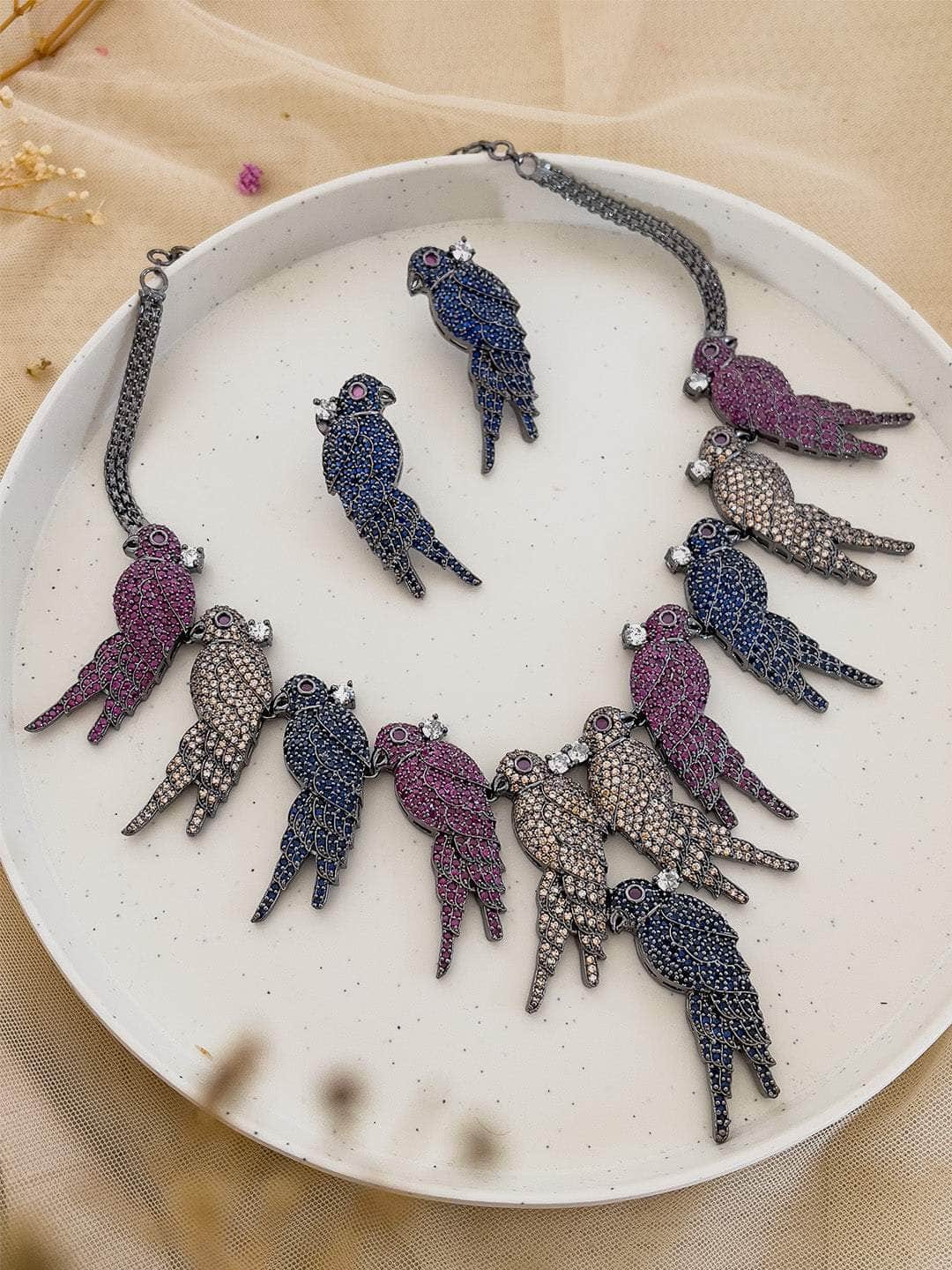 Ishhaara Blue Beaded Doctor Bird Pin Embroidered Choker